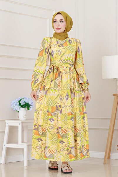 Sevitli Etnik Desenli Kuşaklı Prenses Elbise-Sarı