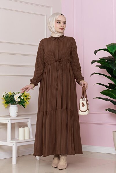 Sevitli Καφέ φόρεμα Sare - Πουκάμισο γιακά και σήραγγα μέσης