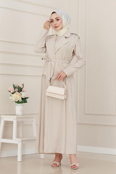 Sevitli Vest Stone Detailed Dress-Beige