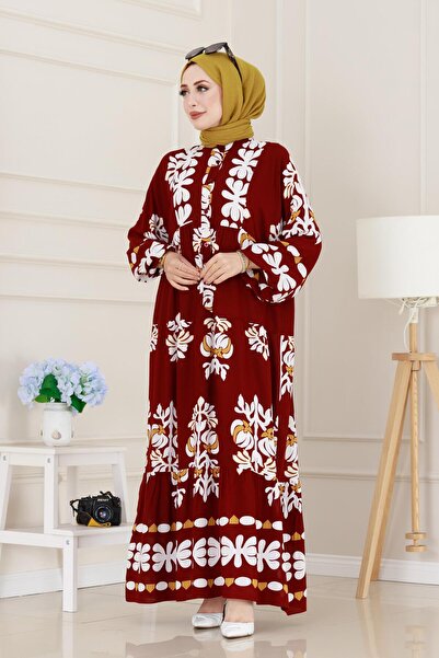 Sevitli فستان Belinay مع روب نصف زر - عنابي