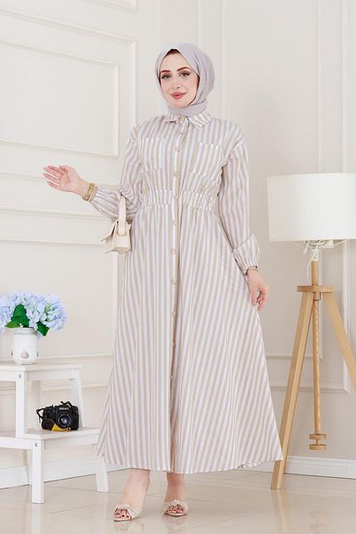 Sevitli Striped Pocket Hijab Dress-Beige