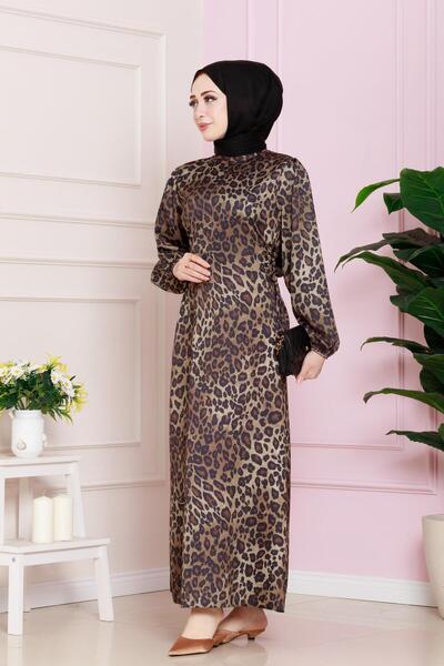 Sevitli Βραδινό φόρεμα Hijab με σχέδιο Leopard - Πλαϊνό κορδόνι, καφέ