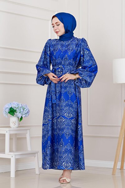 Sevitli Φόρεμα με μπαλόνι μανίκι Satin Adel-Μπλε