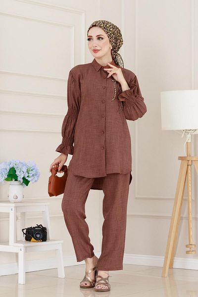 Sevitli Double Suit with Stones on the Front and Elasticized Sleeves-Brown