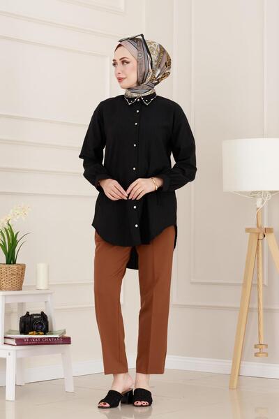 Sevitli Stone Detailed Crescent Tunic-Black