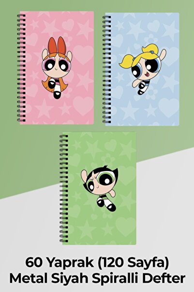Anime Marketi Powerpuff Girls Tasarımlı 3 Adet A5 Spiralli Defter (Blossom - Bubbles ve Buttercup)
