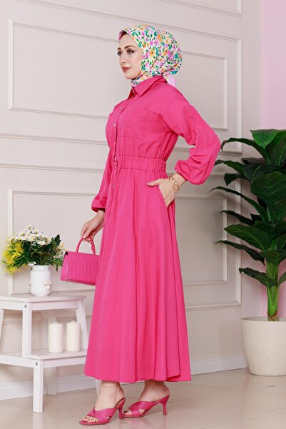 Sevitli Λεπτομερές φόρεμα με λάστιχο στη μέση ροζ γιασεμί