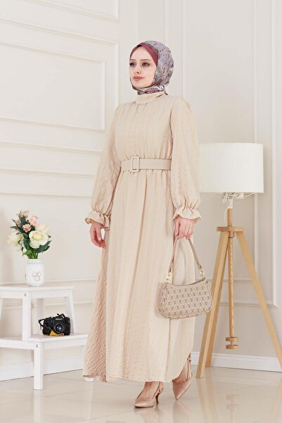 Sevitli Φόρεμα Χέννα με ζώνη με μανίκια-Μπεζ