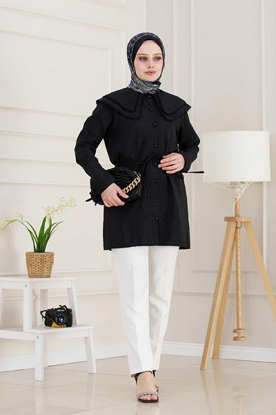 Sevitli Double Collar Lace Tunic-Black