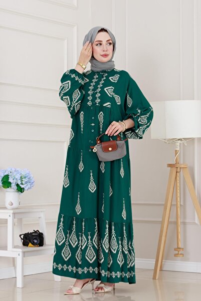 Sevitli Φόρεμα Eslem με μισό κουμπί-Πράσινο