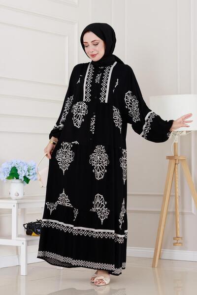 Sevitli Yarım düğmeli Robalı Beyza Elbise-Siyah