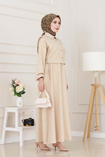 Sevitli Σετ Φόρεμα με Πλαϊνές Κορδέλες-Μπεζ