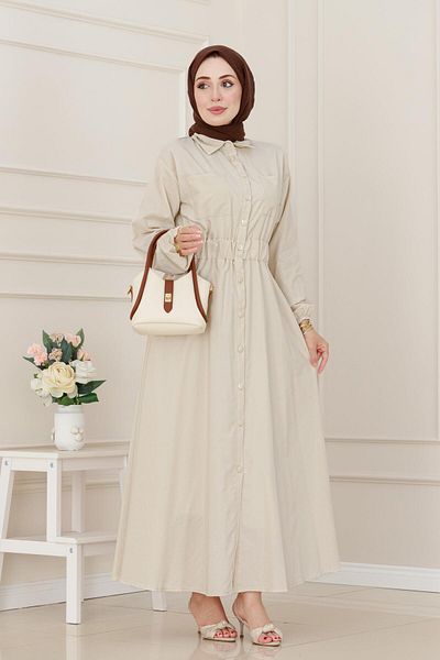 Sevitli Elastic Waist Pocket Dress-Beige