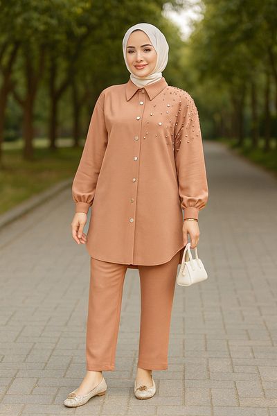 Neva Style Pearl Detailed Biscuit Hijab Double Set 12461BS