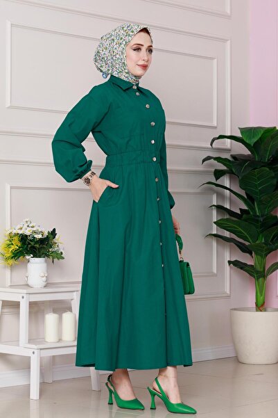 Sevitli Beli Lastik Detaylı Yasemin Elbise-Zümrüt Yeşili