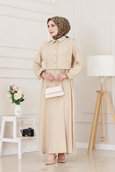 Sevitli Σετ Φόρεμα με Πλαϊνές Κορδέλες-Μπεζ