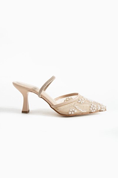 StWenn Cream Mesh Embroidery and Bead Detailed Pointed Toe Women's Heeled Bridal Shoes Shoes