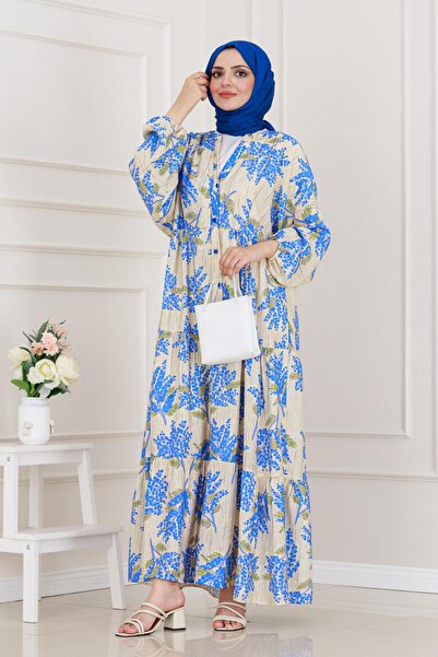 Sevitli Φόρεμα με μοτίβο Mimoza με μισό κουμπί-Μπλε