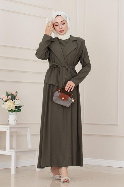Sevitli Vest Stone Detailed Dress-Khaki