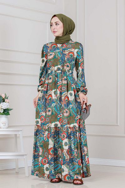 Sevitli Floral Viscon Dress with Tunnels at the Waist-Khaki