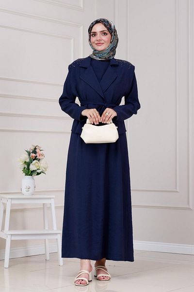 Sevitli Vest Stone Detailed Dress-Navy Blue