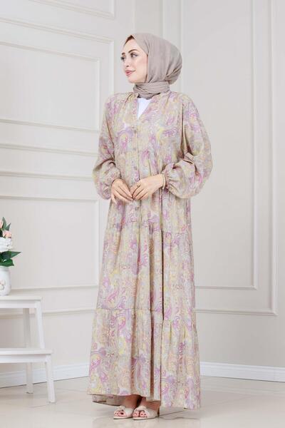 Sevitli Shawl Pattern Half Button Robe Dress-Yellow