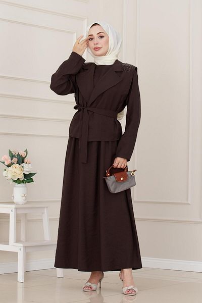 Sevitli Vest Stone Detailed Dress-Brown