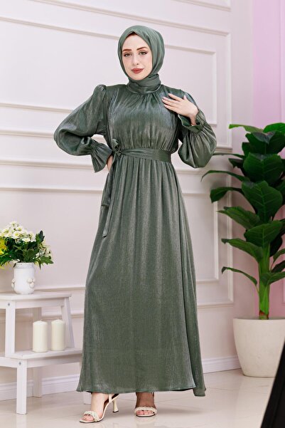 Sevitli Glitter Alya Evening Dress with Flounces on the Sleeves - Green