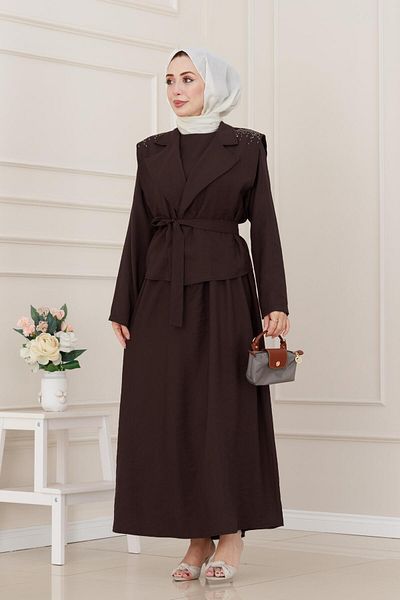 Sevitli Vest Stone Detailed Dress-Brown