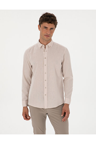 Pierre Cardin Beige Linen Blended Regular Fit Long Sleeve Shirt 50303388 -Vr011