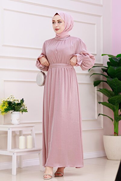 Sevitli Pink Sleeve Flounce Glitter Alya Evening Dress