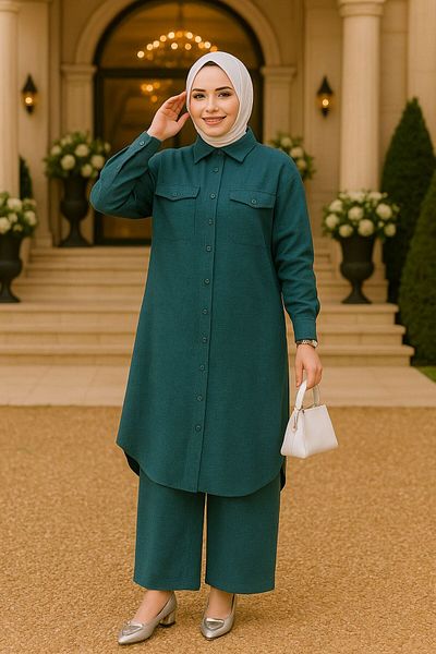 Neva Style Buttoned Petrol Blue Hijab Double Suit 44661Pm