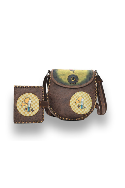 Şaşıkedi Küçük Prens figürlü el yapımı tasarım çapraz örgülü omuz çantası Ve Cuzdan Kombin - Kahverengi