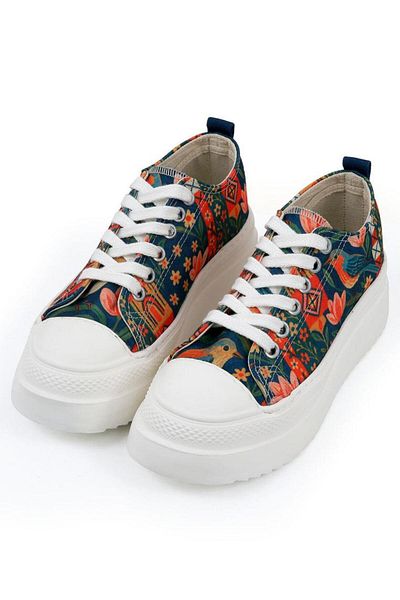 Dogo Women's Vegan Multicolor Thick Sole Sneakers - Garden Birds Design