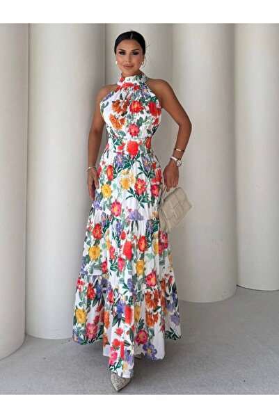 Butik Çiçek Bahçesi Halter Yaka Maxi Elbise