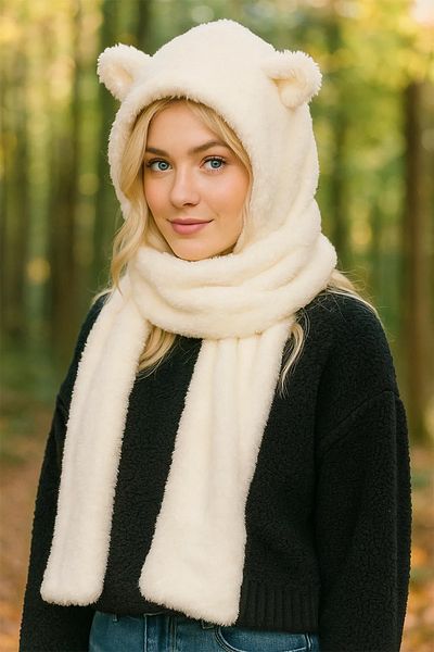 BAHELS Imported Hooded Plush Beanie Scarf Women's Welsoft Fleece Neck Collar Shawl Windproof Hat with Ears
