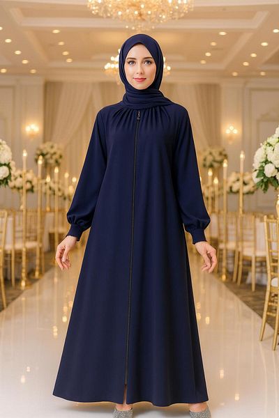 Neva Style Zippered Navy Blue Hijab Ferace 45293L