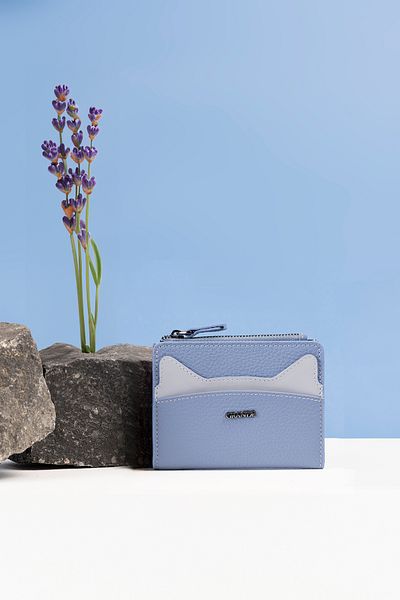 Grande 2828 Genuine Leather Cat Design Minimal Wallet Ice Blue