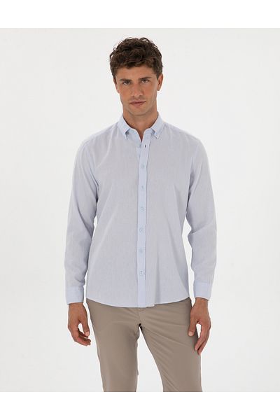Pierre Cardin Light Blue Linen Blend Regular Fit Long Sleeve Shirt 50303388-Vr095