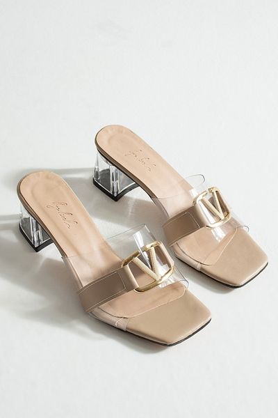MUFUMA Beige V Buckle Women's Shoes Transparent Heeled Slippers