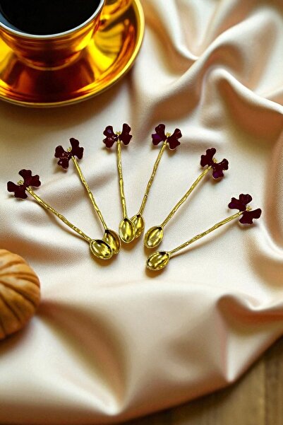 CHANCE GİFT مجموعة من 6 ملاعق صغيرة مطلية بالذهب على شكل فراشة من المينا (أحمر كلاريت)