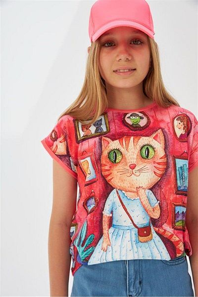 Hilal Akıncı Kids Girl's Patterned Oversize T-Shirt Wide Leg Blue Jeans
