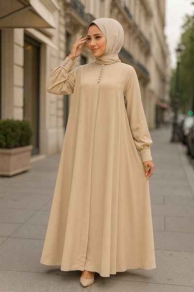 Neva Style Camel Hijab Dress - Buttoned, Model No: 520066 C