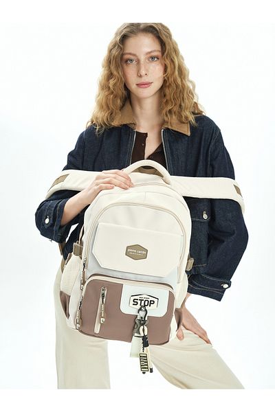 Pierre Cardin 1916-3004 School Bag with Pen Holder Waterproof Multi-Compartment Beige