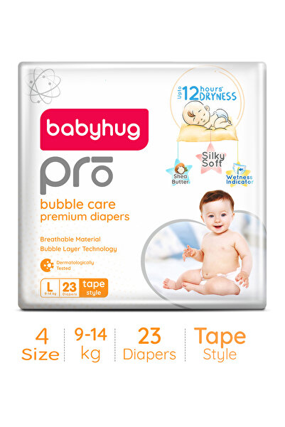 Babyhug Pro Bubble Care Premium Tape Style Diapers, Size 4, Large - 23 Pieces