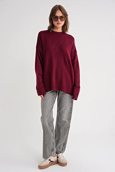 Mixray 6913 Γυναικείο πλεκτό πουλόβερ με απαλή υφή, μεγάλου μεγέθους, μπορντό