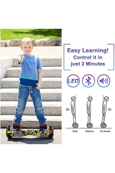 EMATTERIO Electric Hoverboard 6.5 Inch Metal Wheels – Speed 15 km/h, Bluetooth, LEDs, Built-in Speaker