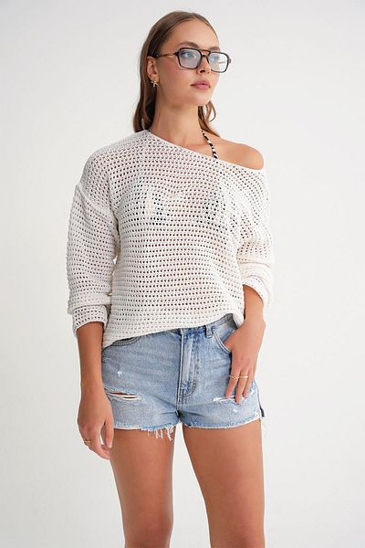 Mixray 6942 Women's Boat Neck Seasonal Openwork Sweater Bone
