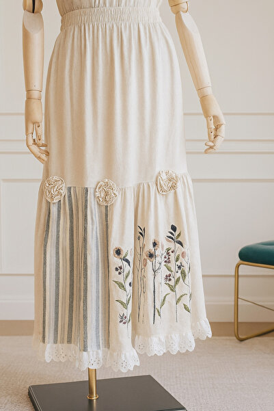 Naromi Çiçek Nakışlı Ve Çizgili Astarlı Kombin Etek