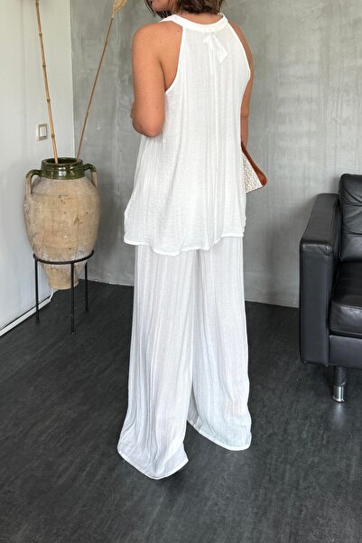 Suziş Boyundan Tie-Up Asymmetric Cut Bluz Pant Suit 51182